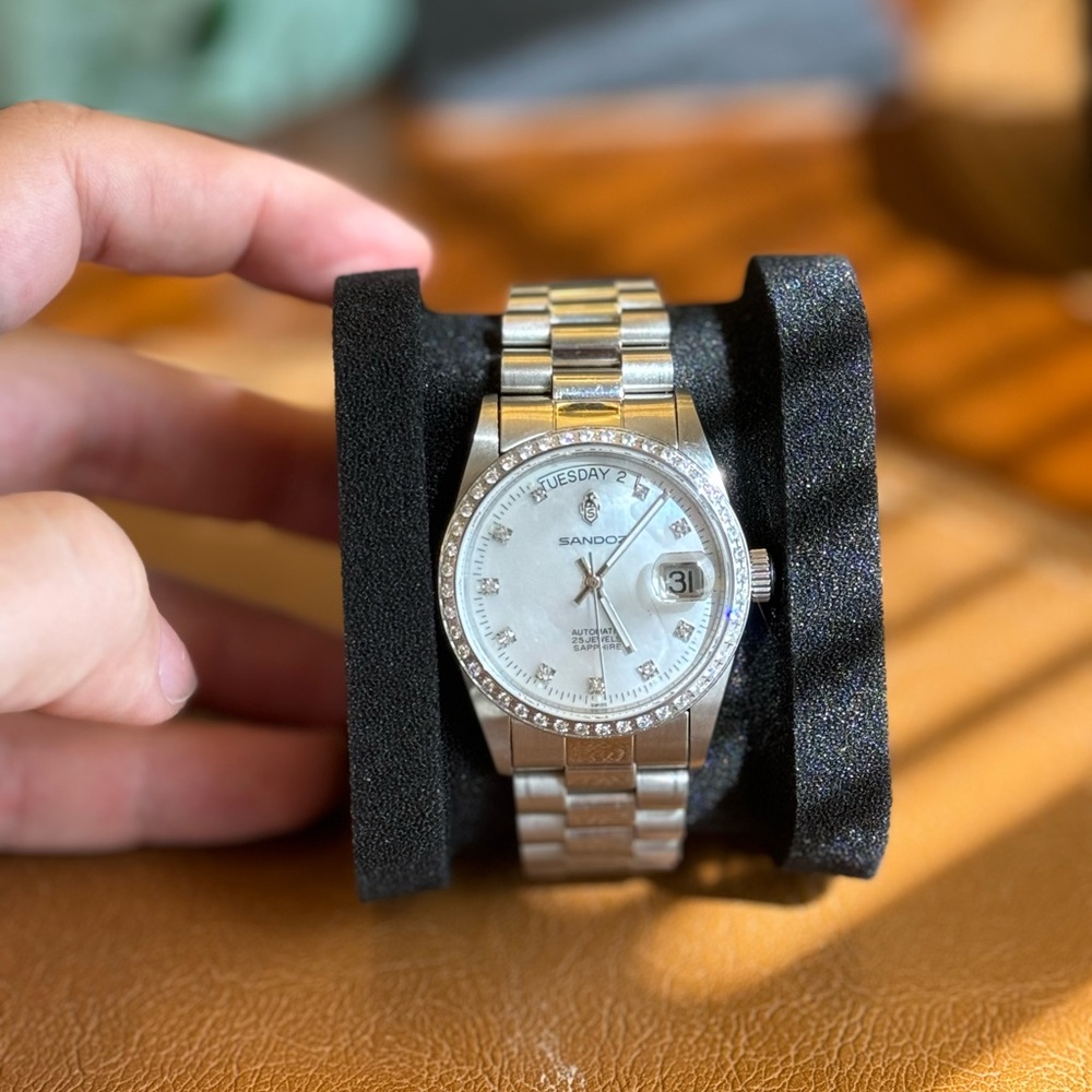 Sandoz Silver Watch with Diamond Accents